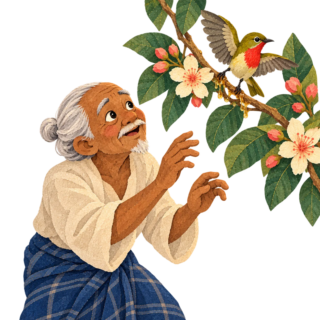 The tiny flower-pecker is caught on the sticky twig while Father Lime-stick approaches