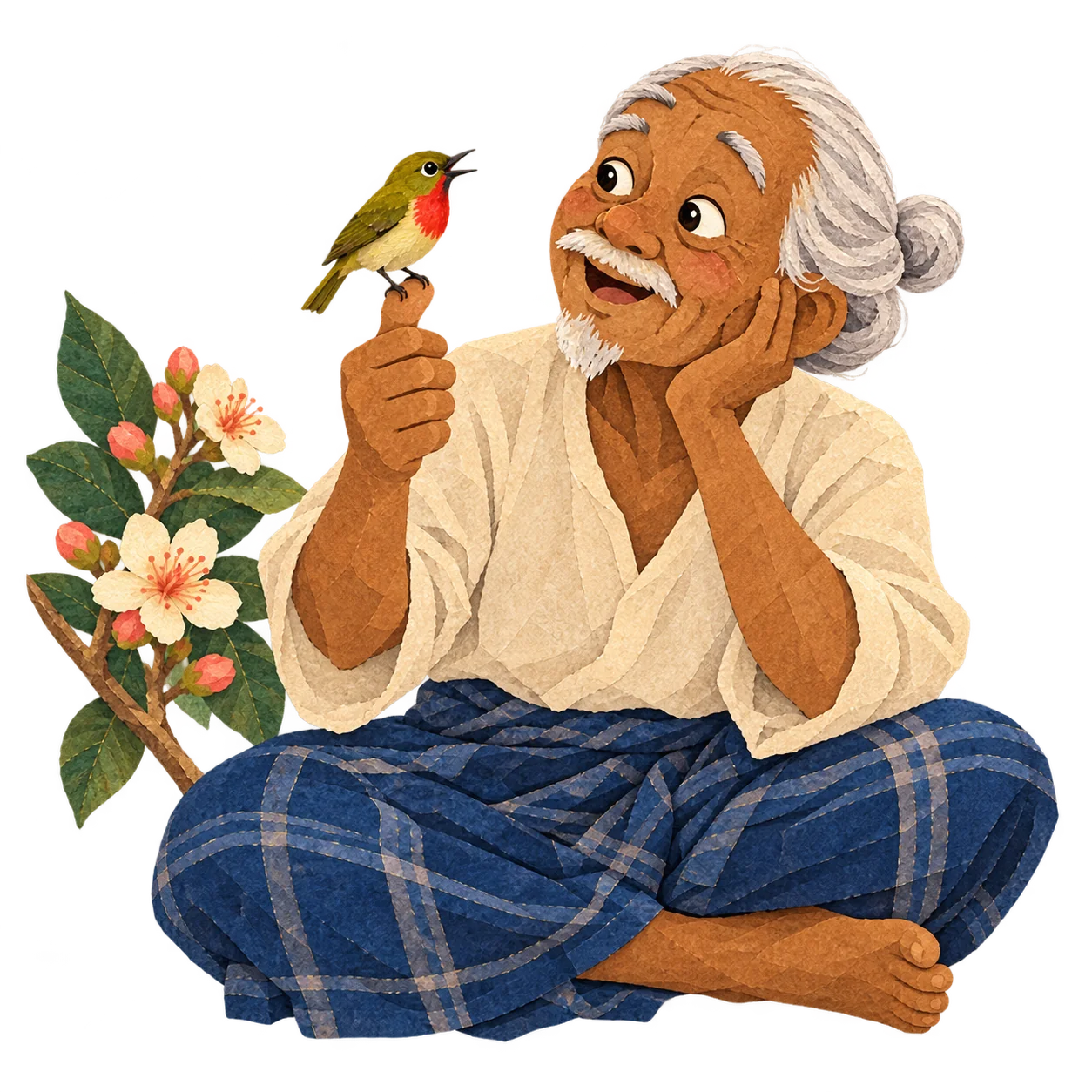 The bird shows Father Lime-stick how tiny it is beside his thumb