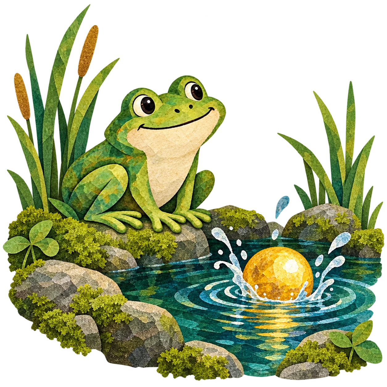 A golden ball splashes into the deep forest spring while a frog watches