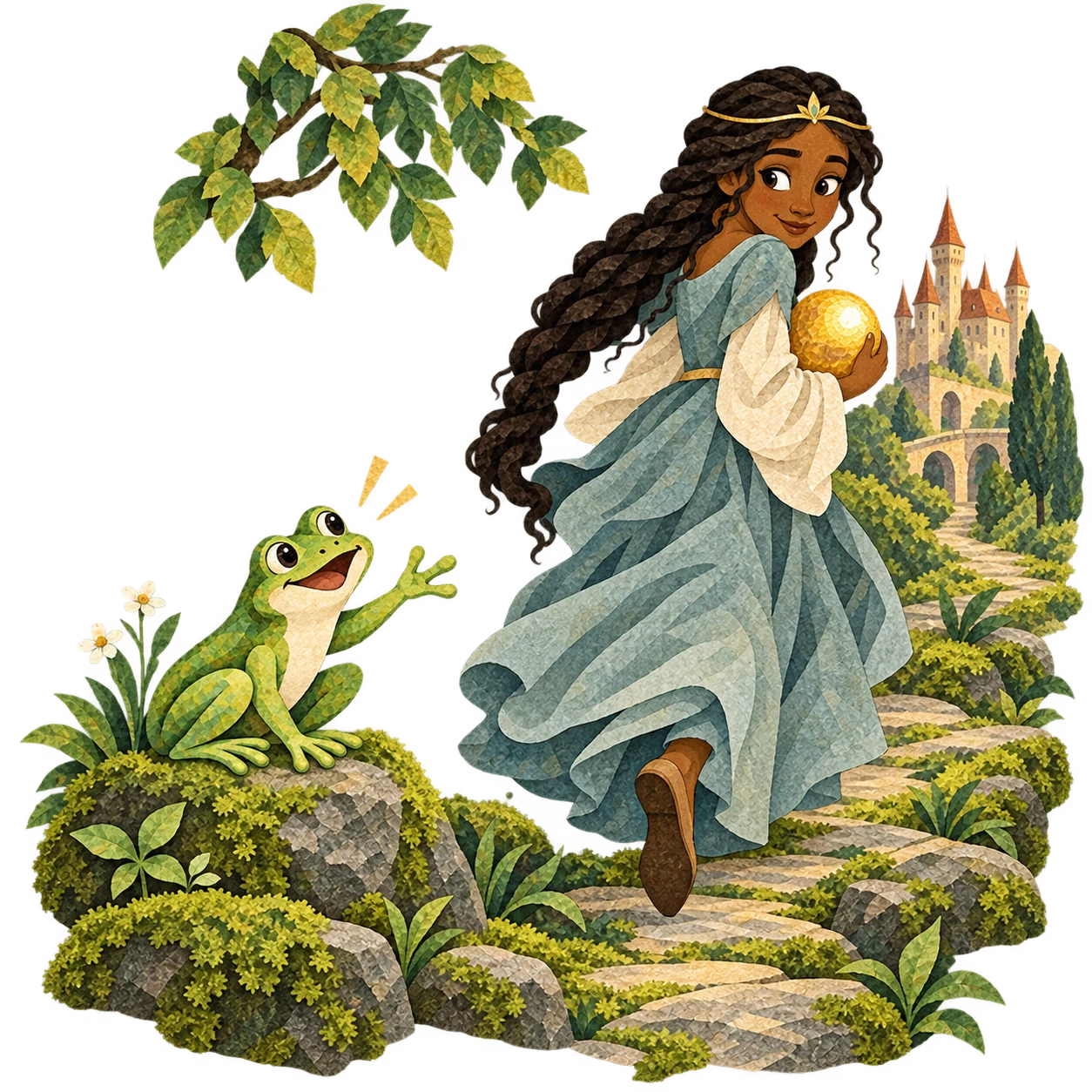 The princess runs home with her ball while the frog calls after her