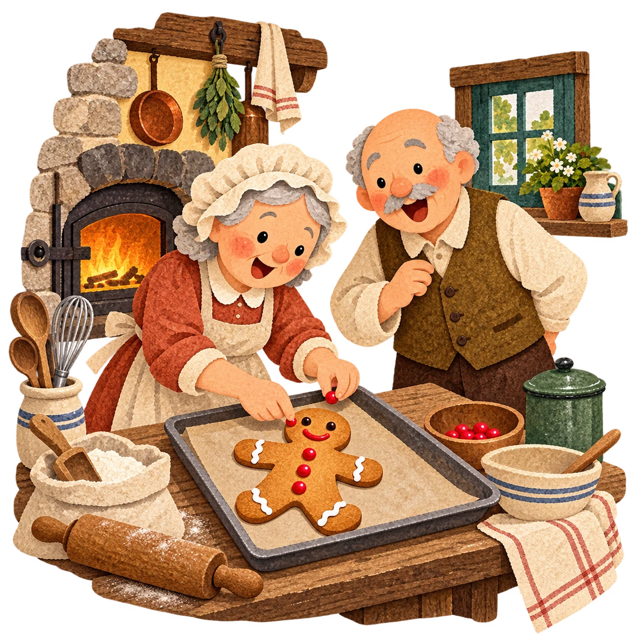 An older couple decorates a gingerbread boy on a baking tray