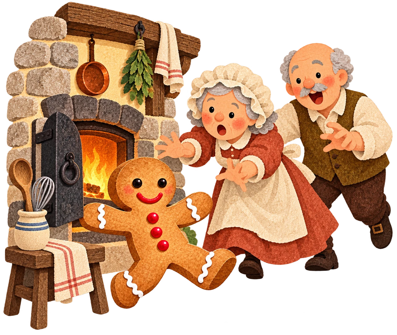 The Gingerbread Man leaps from the oven and runs past the old couple