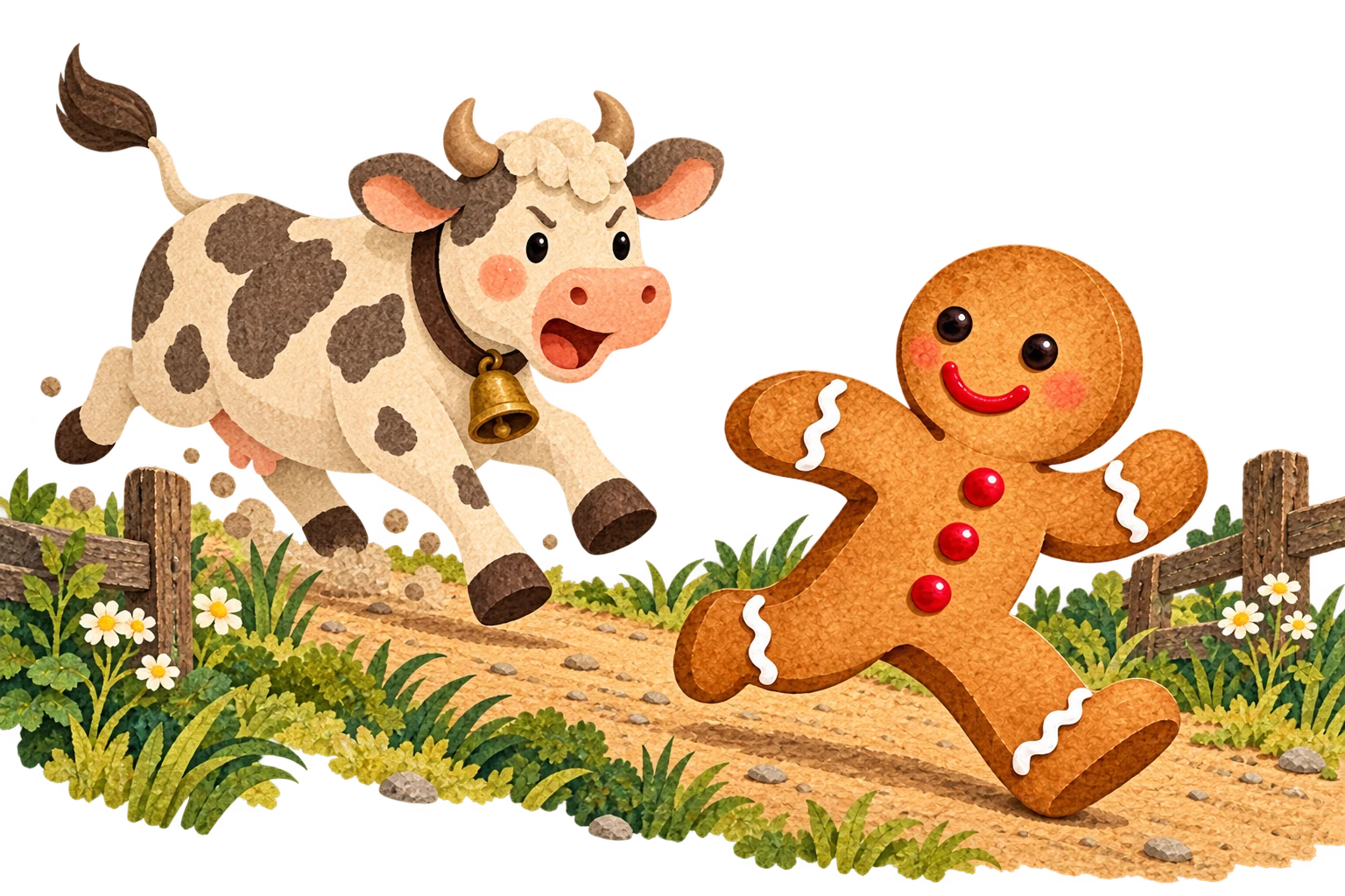 The Gingerbread Man dashes past a cow by the roadside