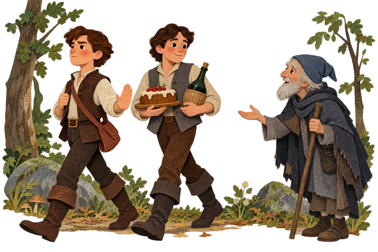 Two older brothers refuse to share food with a little gray-haired man in the forest