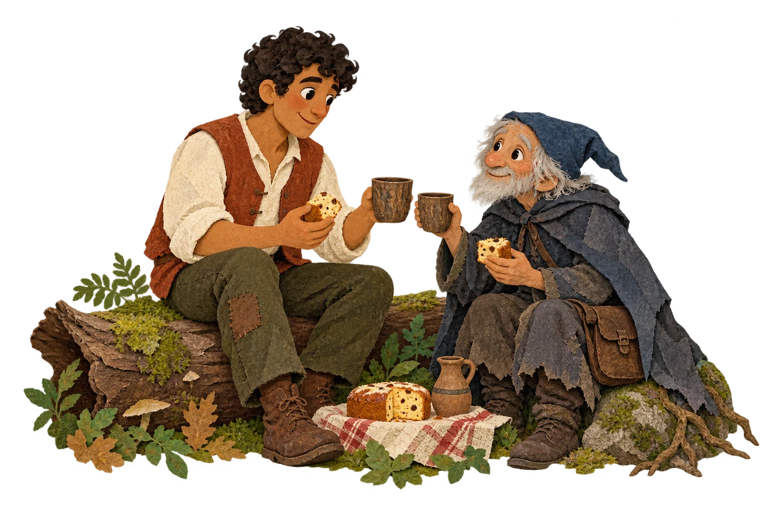 Simpleton shares his humble cake and drink with the gray-haired stranger