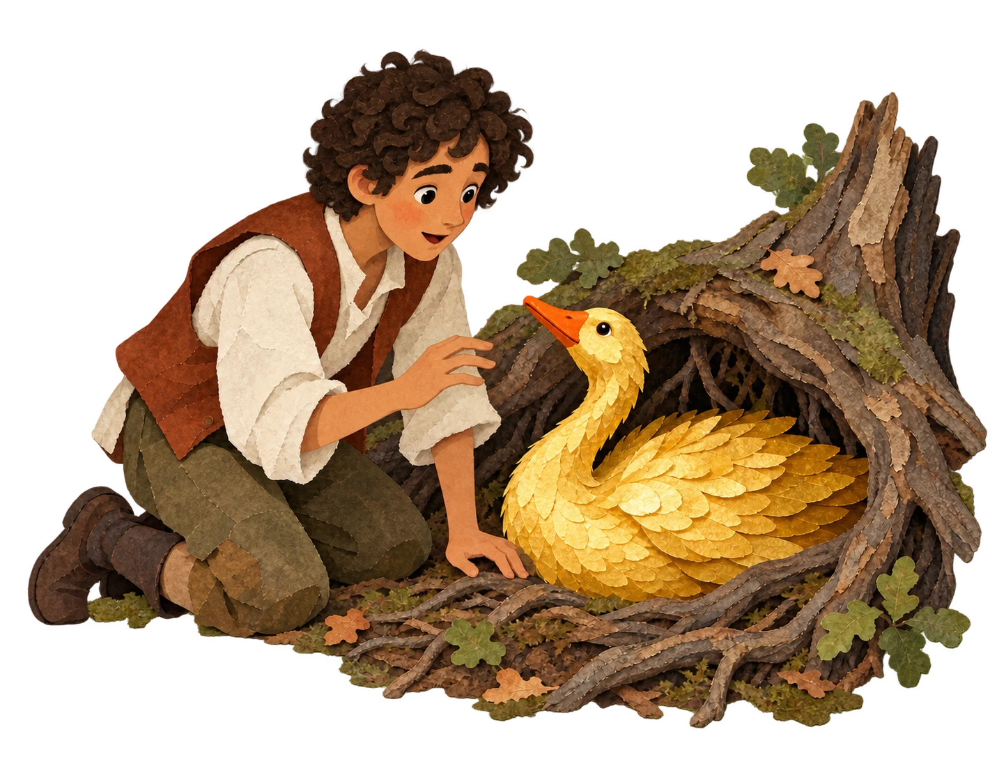 Simpleton discovers a living goose with golden feathers among tree roots