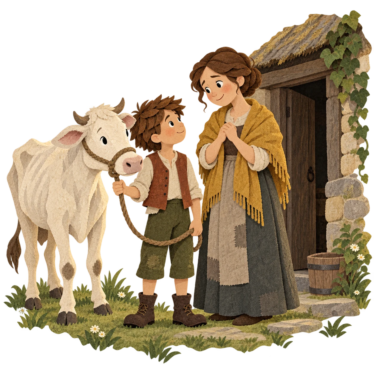 Jack and his mother stand with Milky-white the cow outside their cottage
