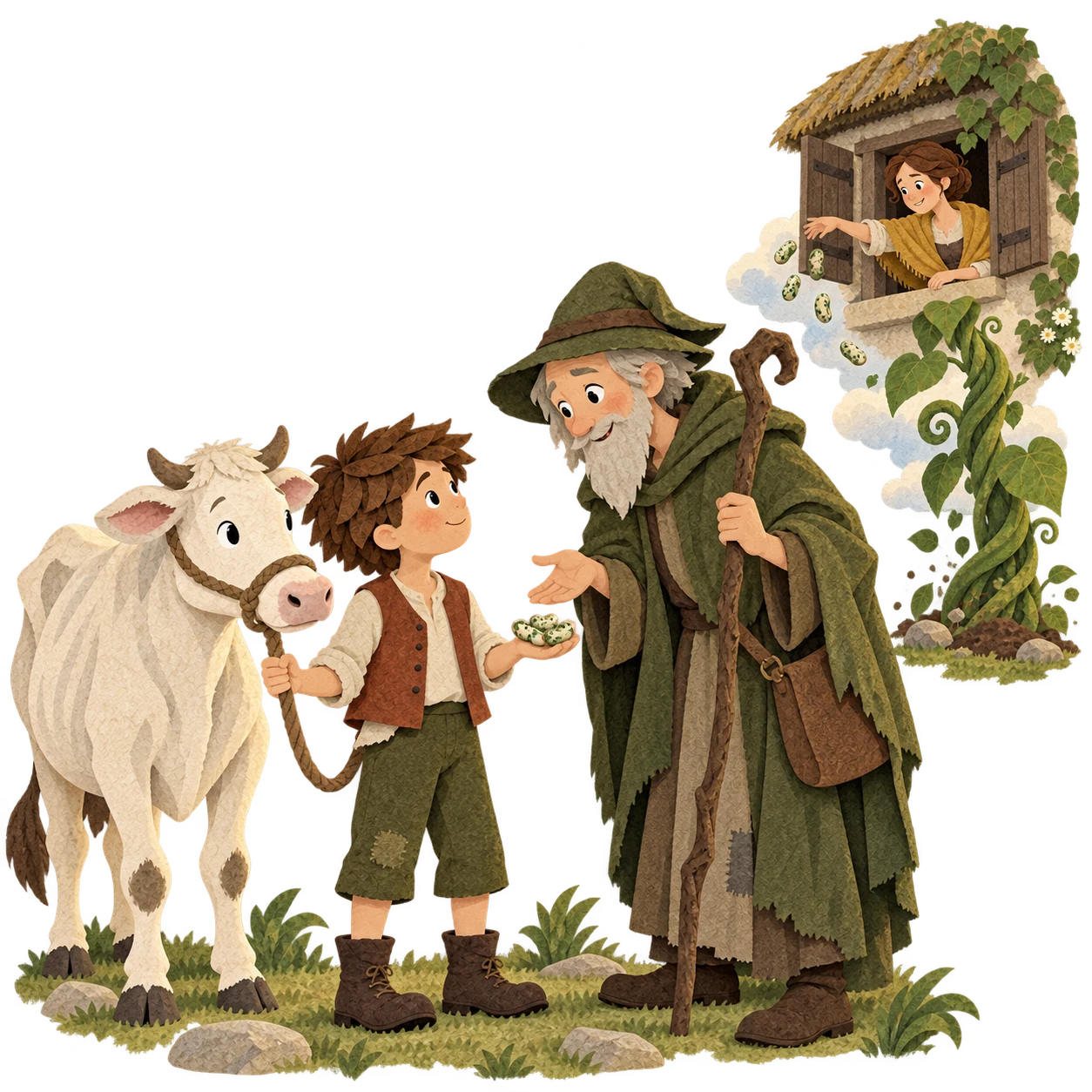 Jack trades the cow for five beans and a giant beanstalk grows by morning