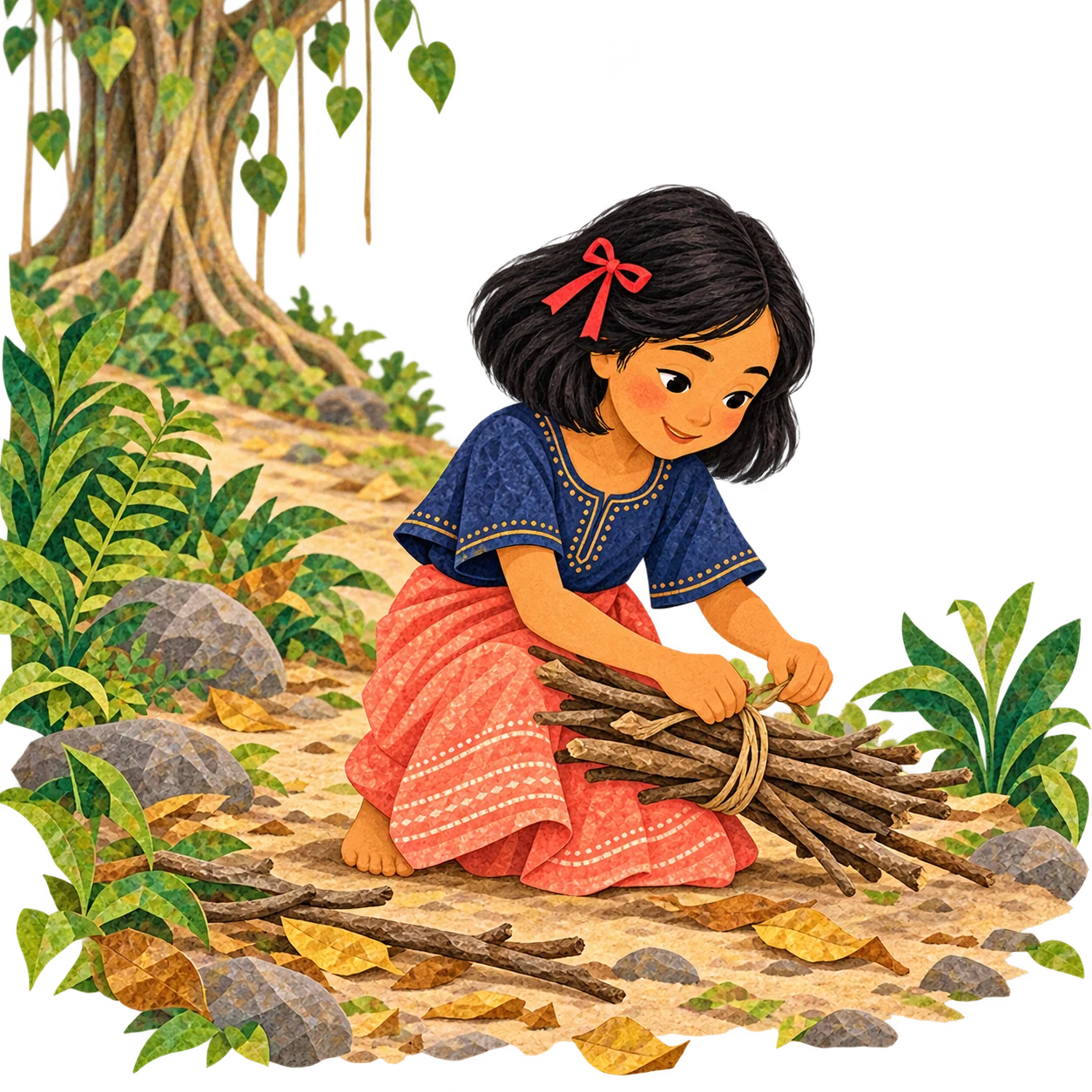 Juanita gathers a bundle of firewood beyond the balete tree
