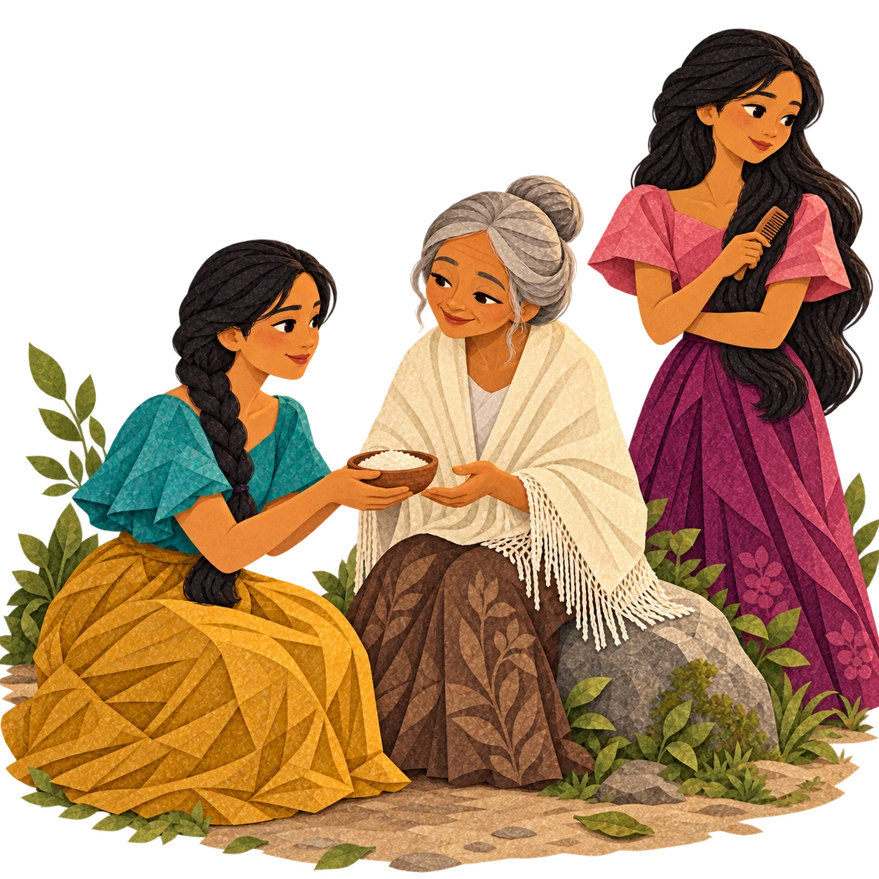 Larina turns away a poor old woman while Mangita offers help and rice