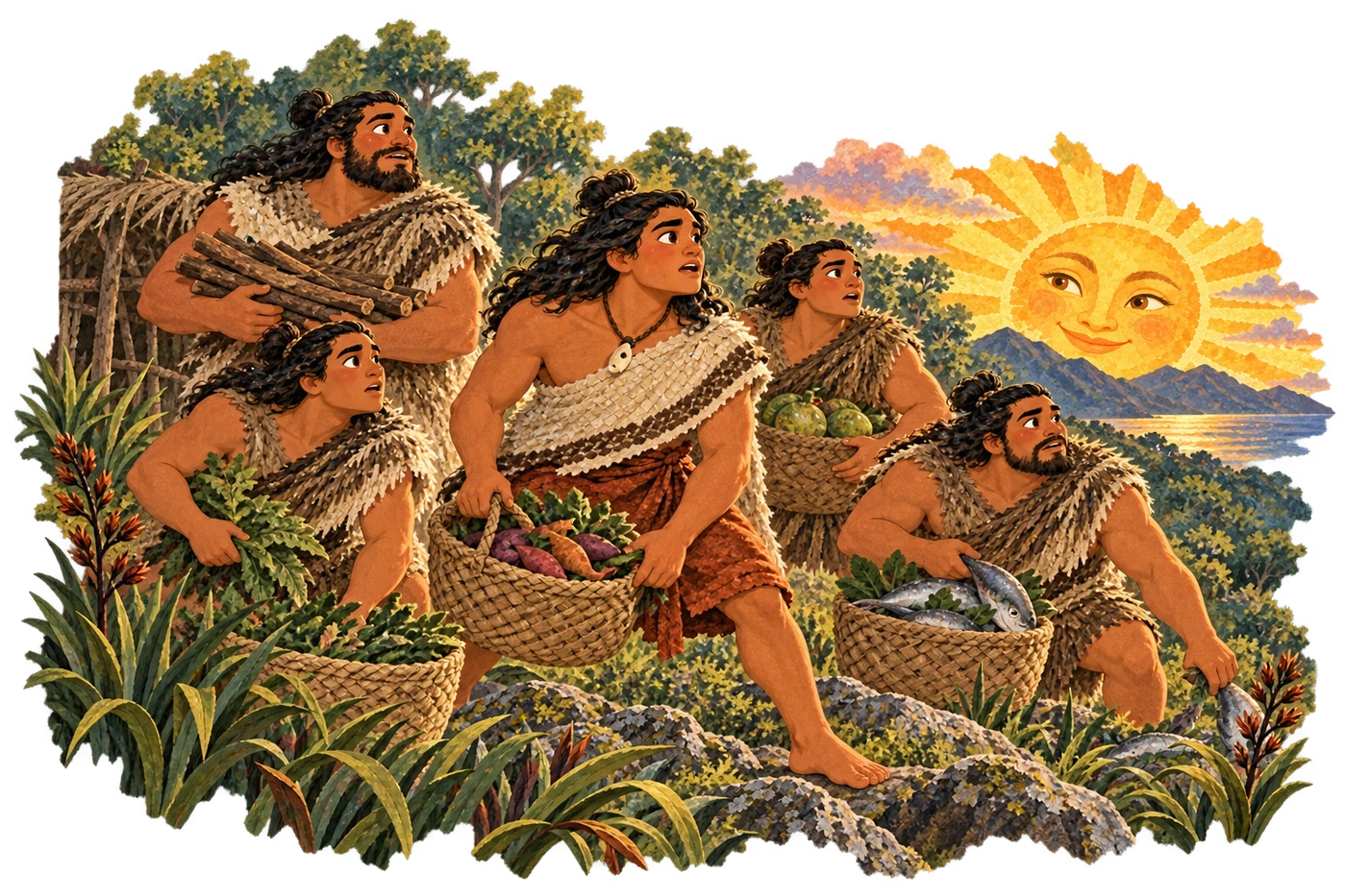 Māui and his four brothers struggle to finish their work before the sun sets