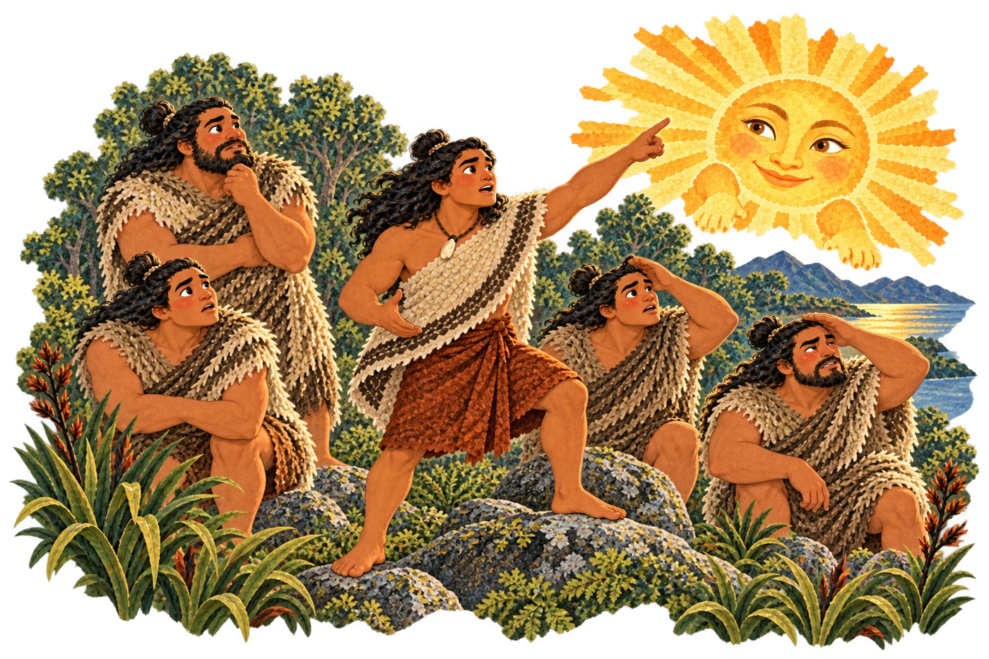 Māui proposes catching the sun while his brothers worry about its heat
