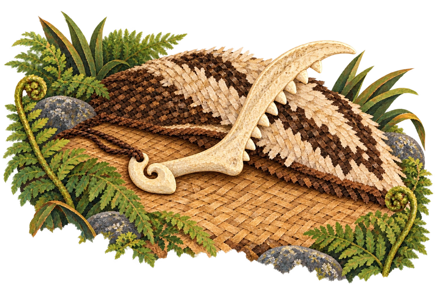 Māui’s enchanted ancestral jawbone rests on a woven flax mat beside his cloak and pendant