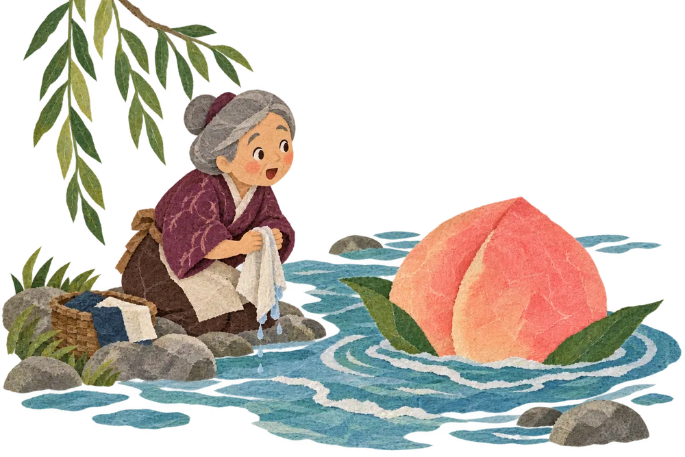 An elderly woman finds an enormous peach floating along the river