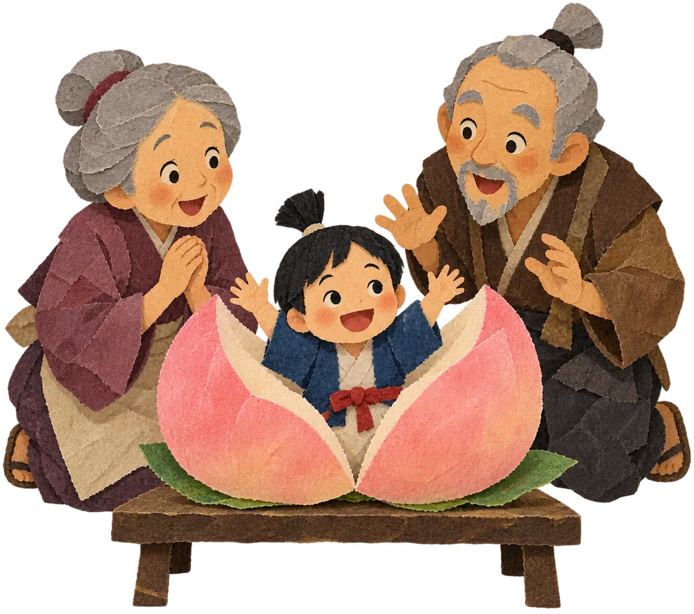 The giant peach opens and a child appears before the elderly couple