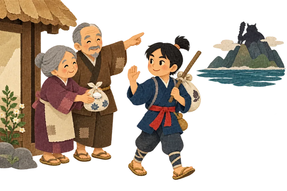 Grown Momotaro leaves his parents with rice cakes to stop the raiding oni
