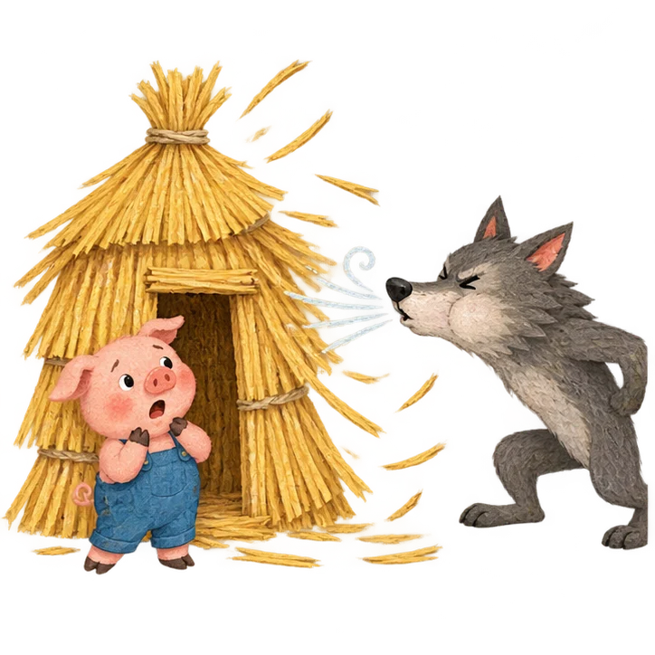 The wolf blows down the first pig’s straw house
