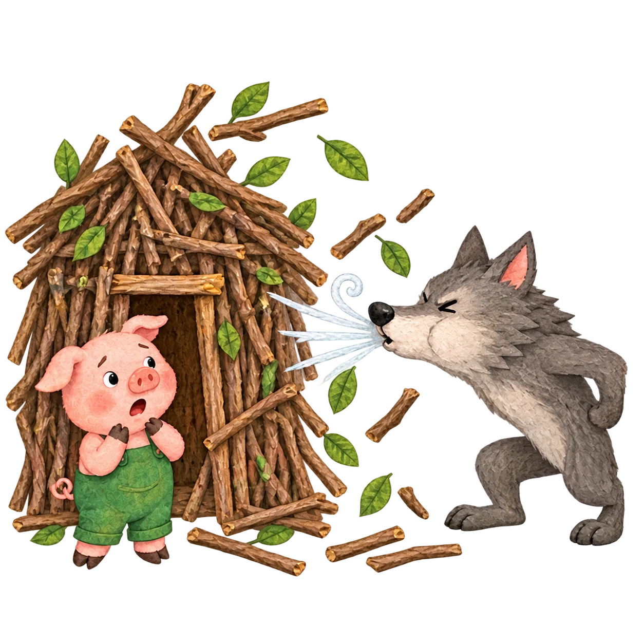 The wolf blows down the second pig’s house of furze and sticks