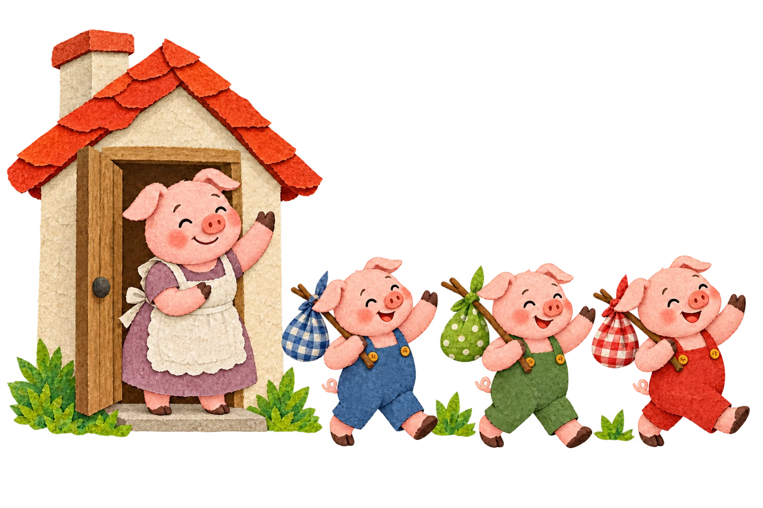 Mother Pig waves goodbye as her three little pigs leave home