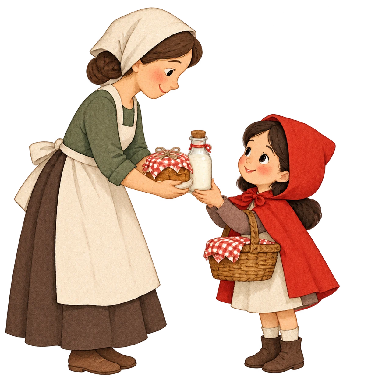 Mother gives Little Red Riding Hood a basket for Grandmother