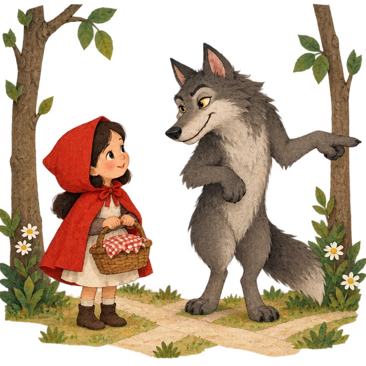 Little Red Riding Hood meets the wolf on the forest path