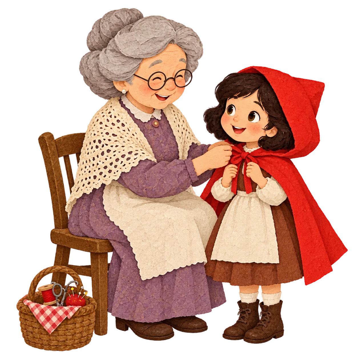 Grandmother ties the little girl’s new red hood