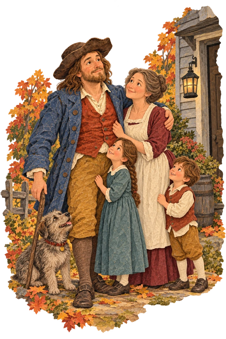 Rip and his wife stand near their small son Rip and daughter Judith outside their Catskill village home