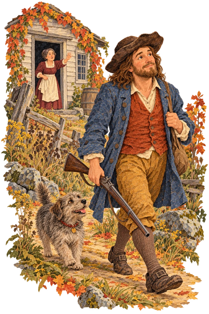 Rip leaves his neglected farm with dog Wolf and an old wooden hunting gun while his wife calls from the doorway