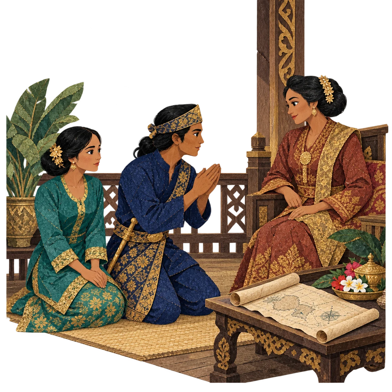 Sang Nila Utama asks the queen of Bentan for leave to travel with Wan Sri Bini
