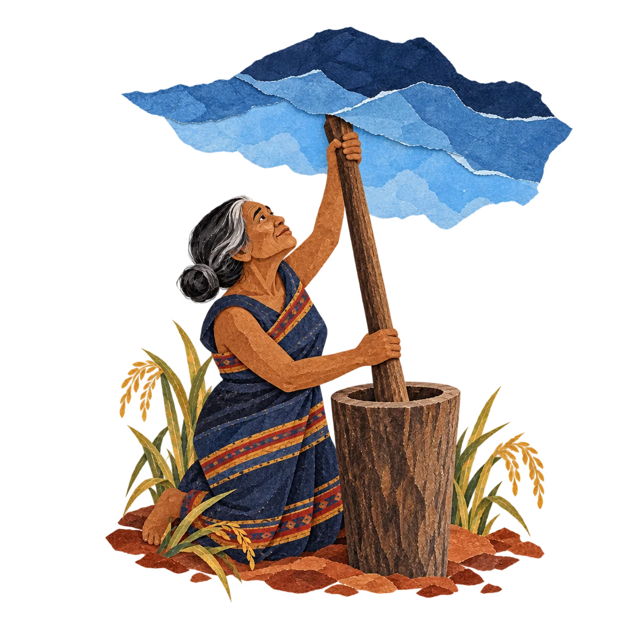 Tuglibung kneels at a wooden mortar because the sky leaves no room for the rice pestle