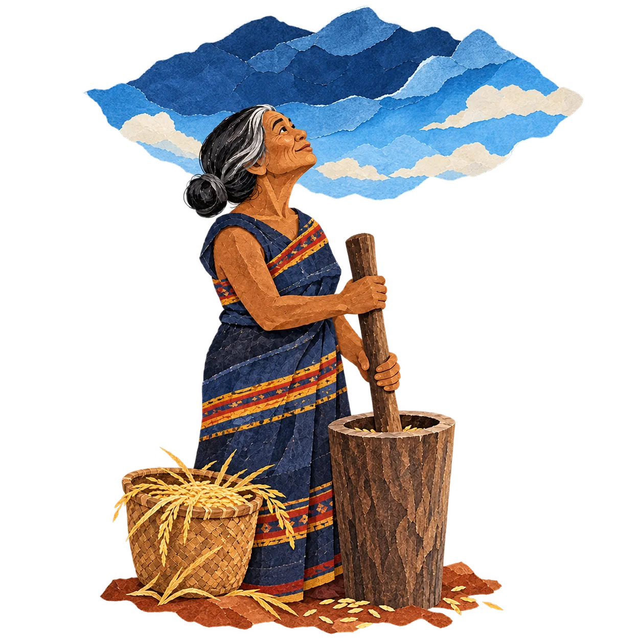 Tuglibung pauses with the pestle and looks up at the low sky