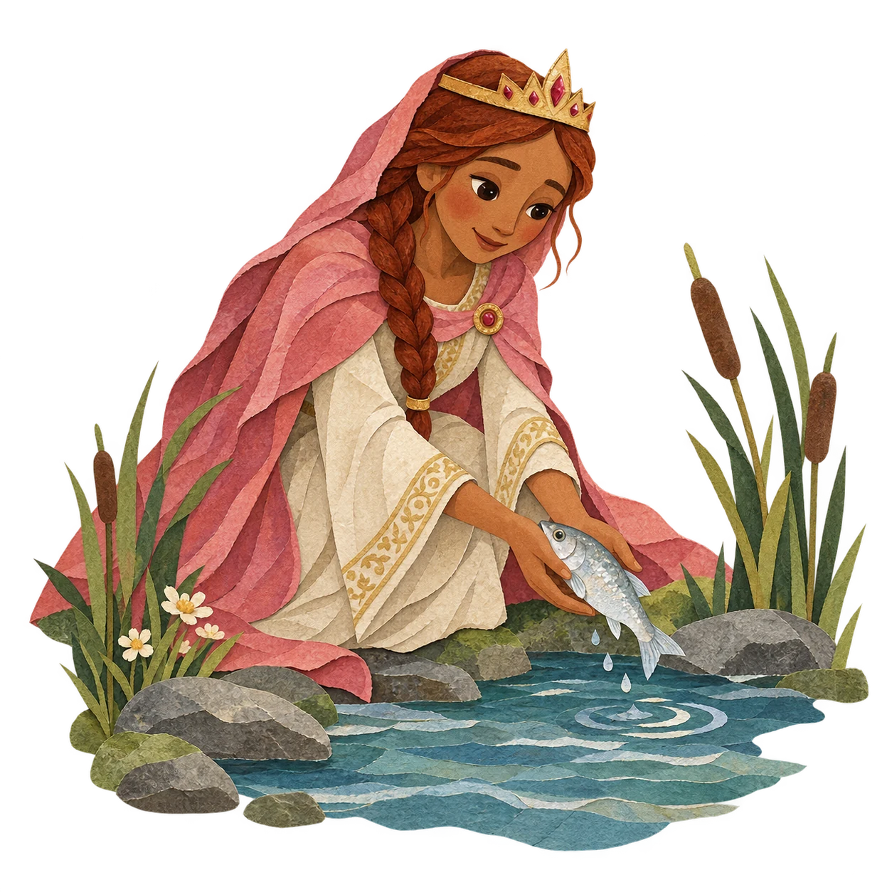 The queen returns a stranded fish to the river and is promised a daughter
