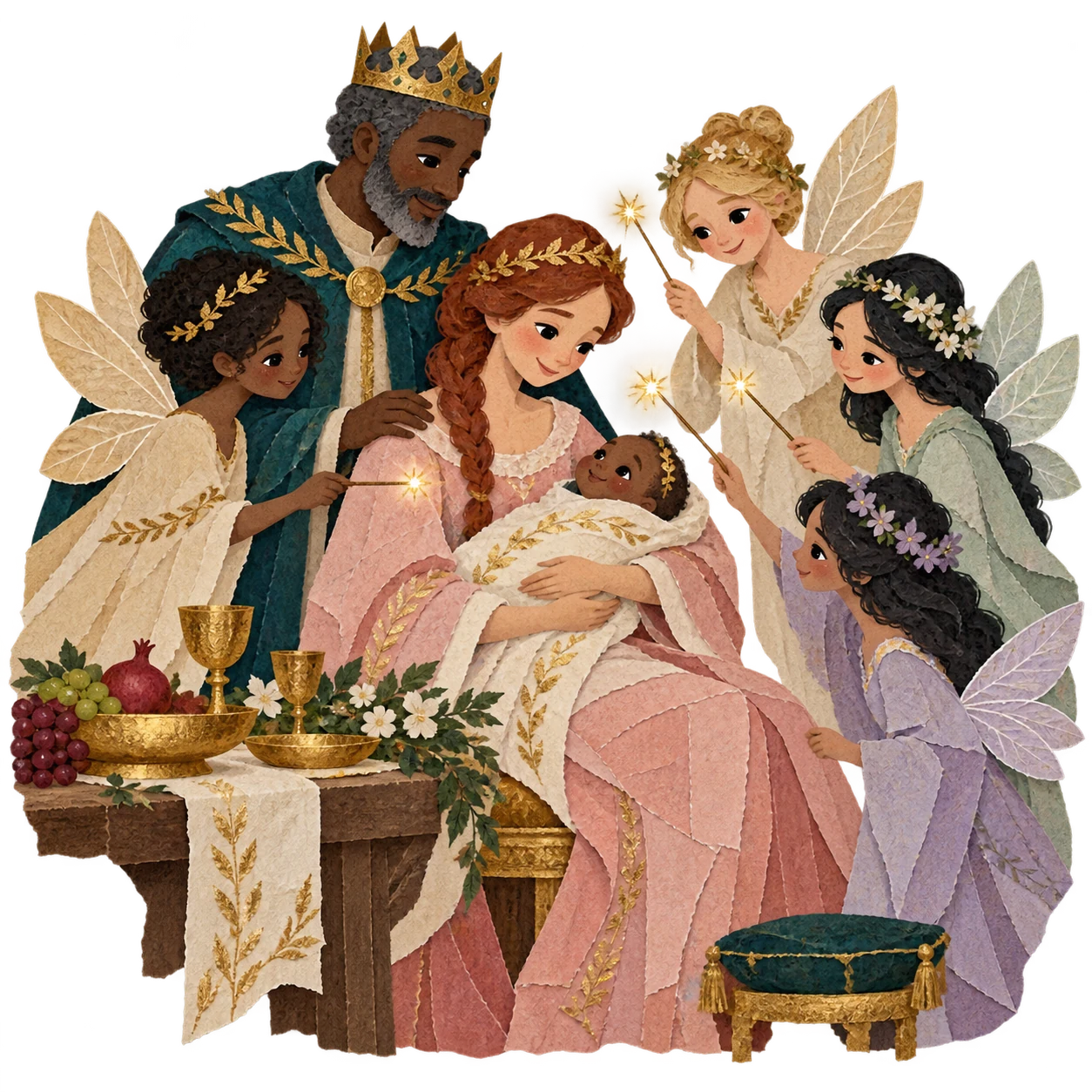 Twelve invited fairies gather around the baby princess at the feast