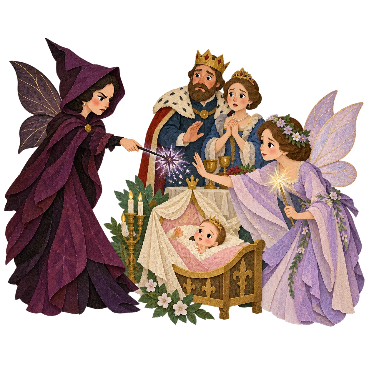 An angry thirteenth fairy announces the spindle curse as a kind fairy softens it