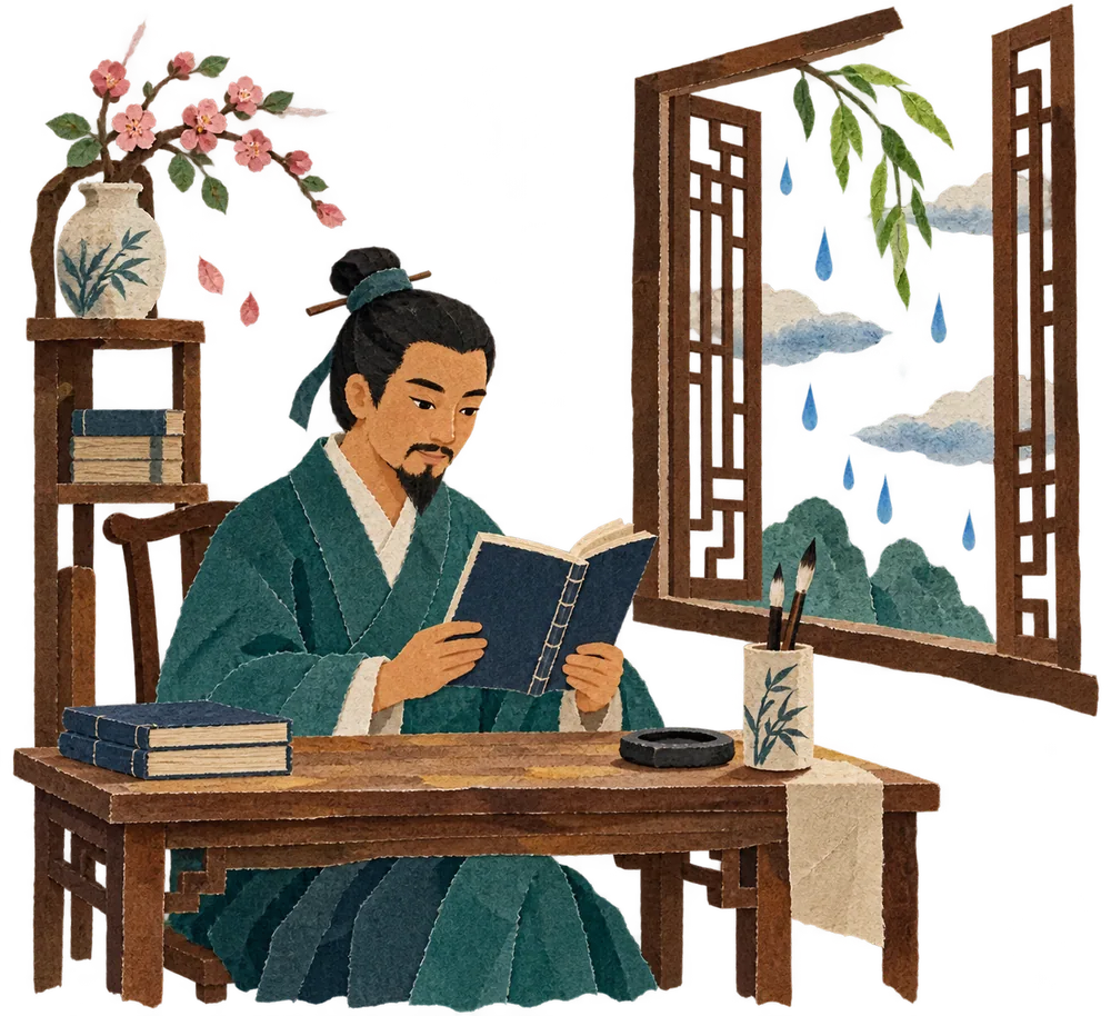 A Chinese scholar reads upstairs while rain clouds gather outside