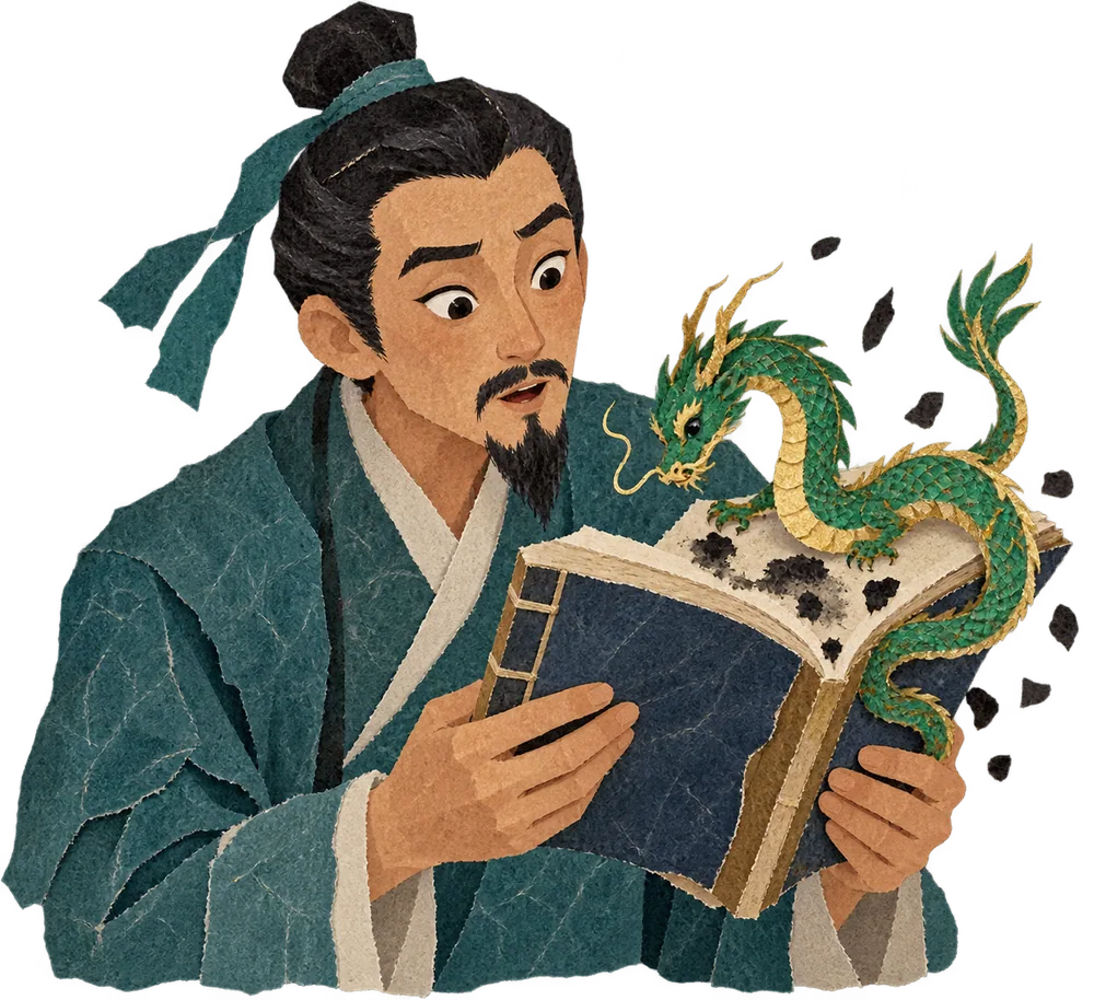 The little creature curls around a book and the scholar thinks it is a dragon