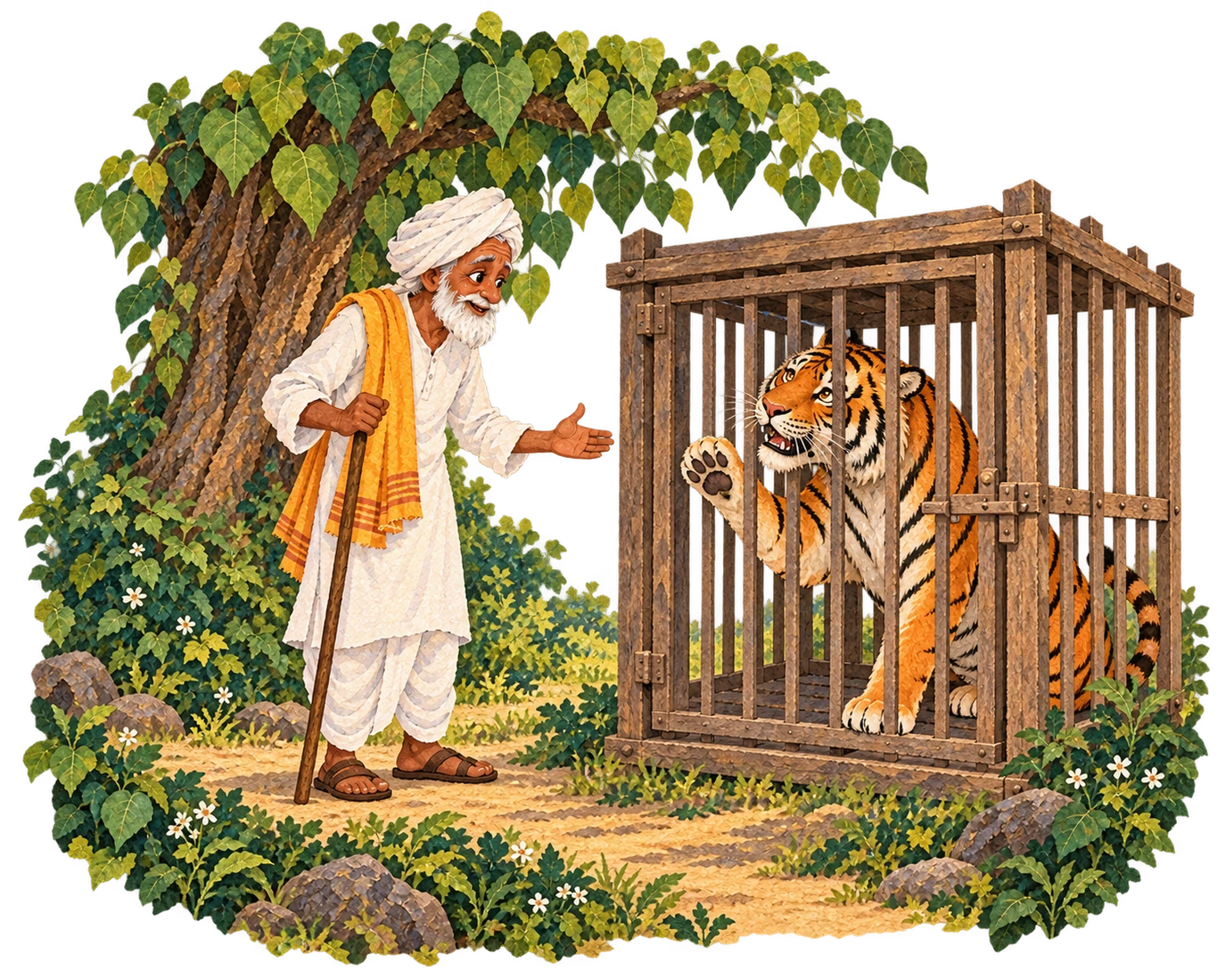 An elderly Brahman meets a tiger shut inside a wooden barred cage