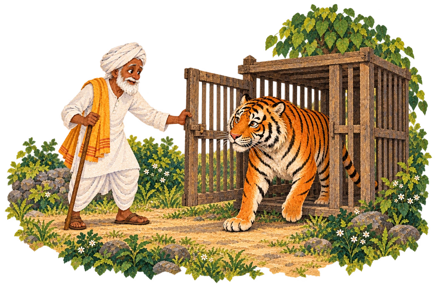 The Brahman opens the cage after the tiger promises not to hurt him