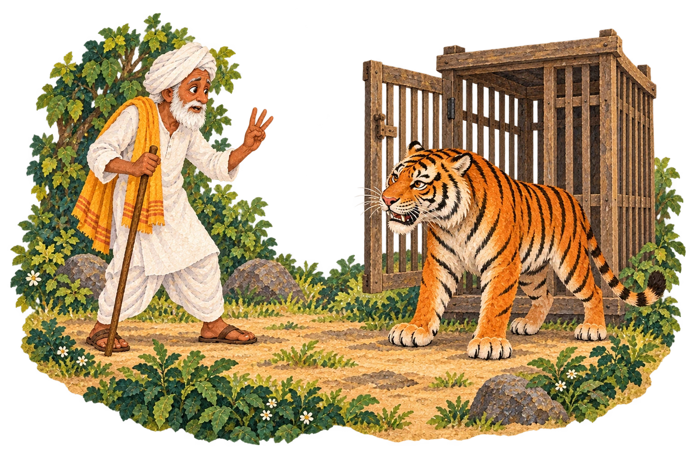 The tiger lets the Brahman ask three judges whether breaking the promise is fair
