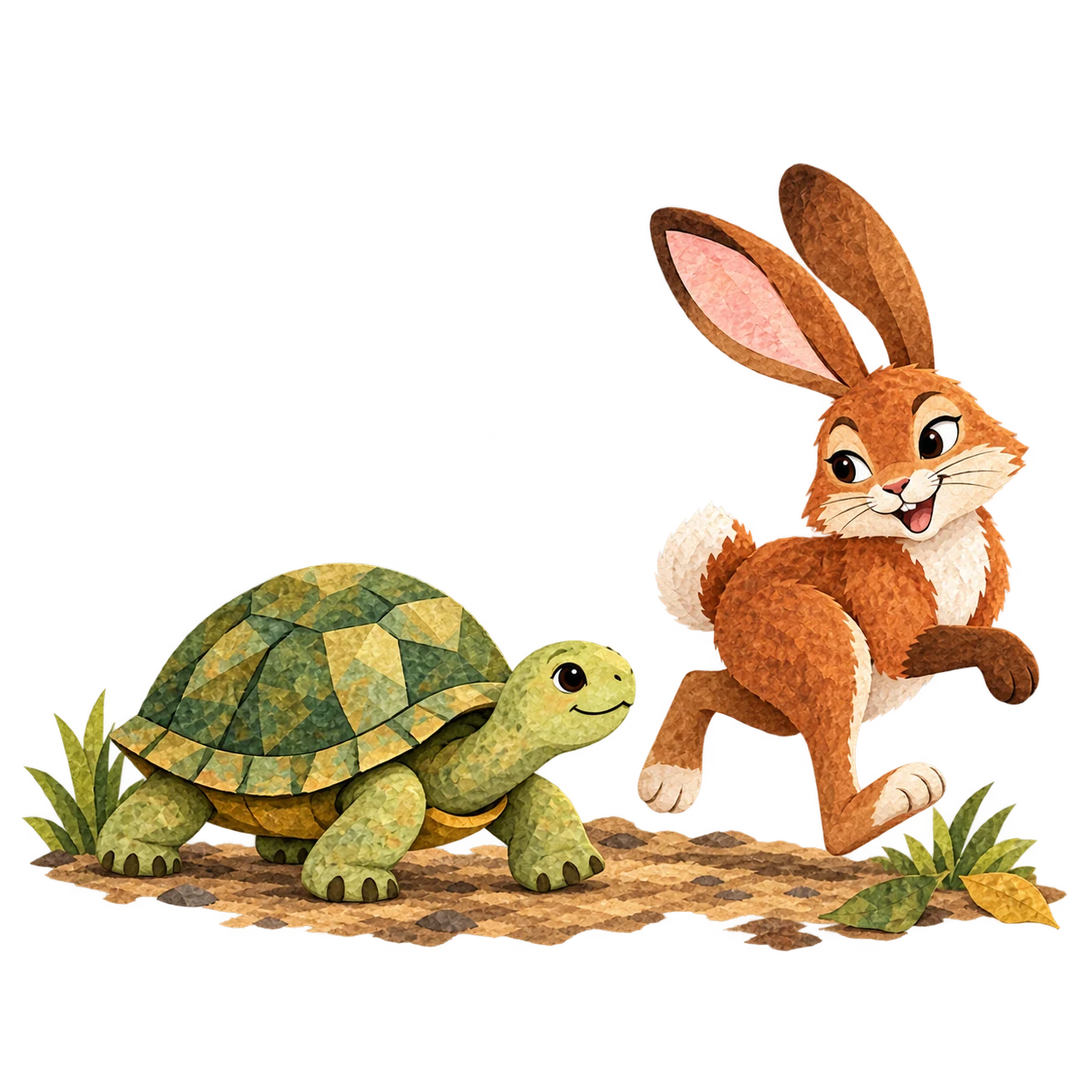 The hare mocks the tortoise on a woodland path