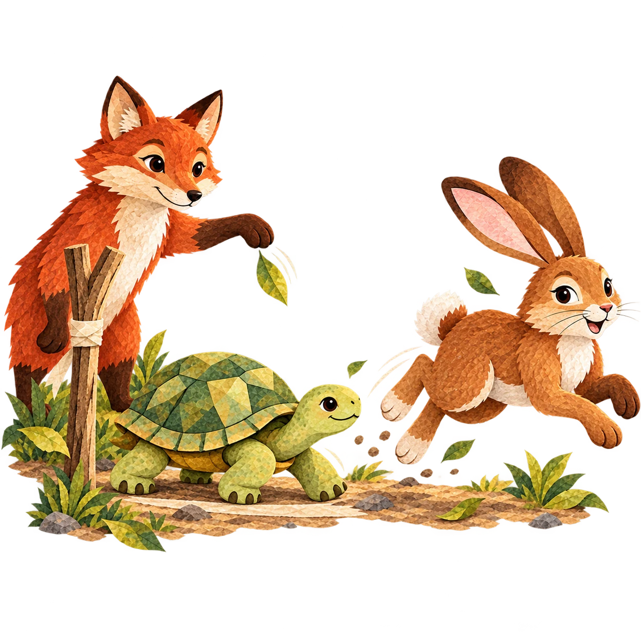 The hare rushes away at the start while the tortoise takes the first steps