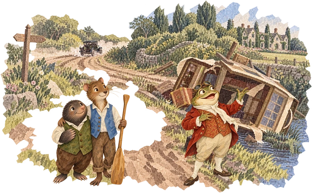 Rat and Mole visit Toad at Toad Hall and see his caravan