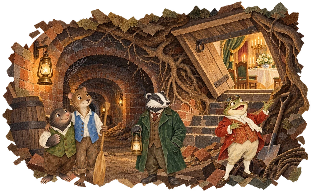 Badger shows the friends a secret passage into Toad Hall