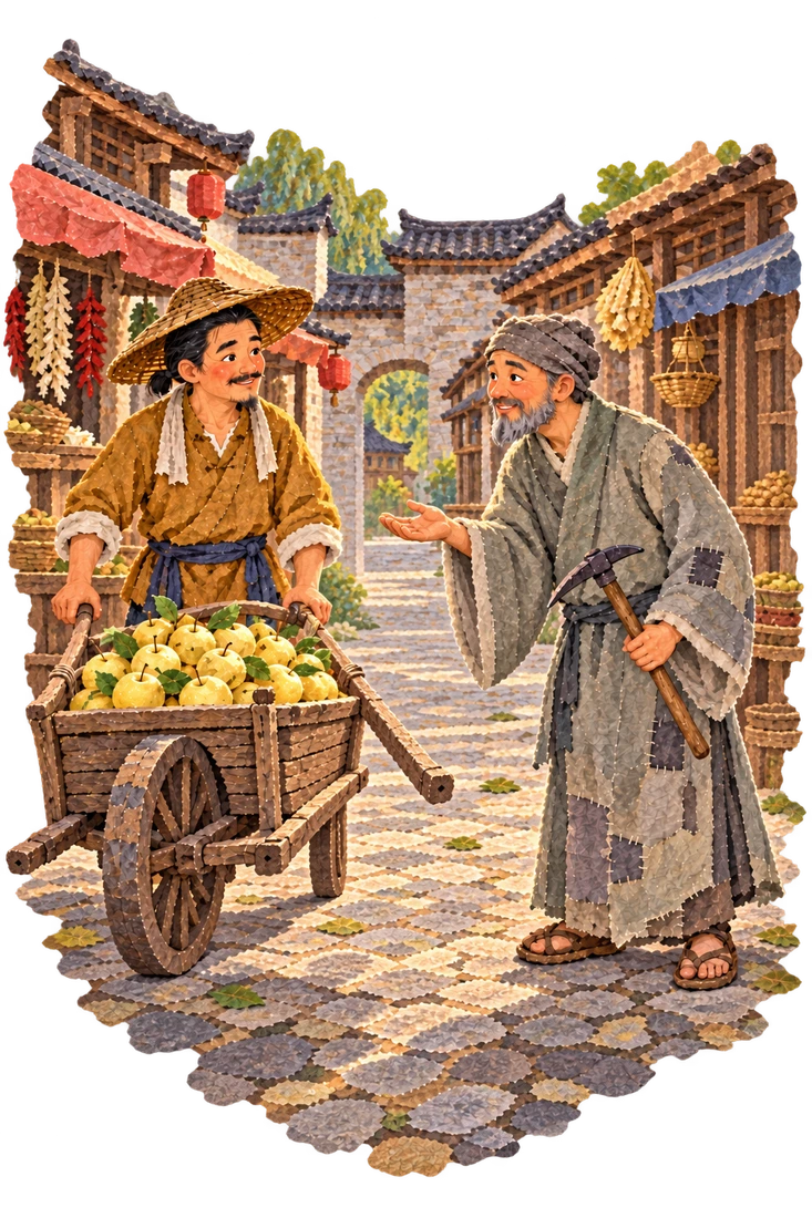 A farmer brings a wooden single-wheel cart with two handles and many pears to a Chinese market