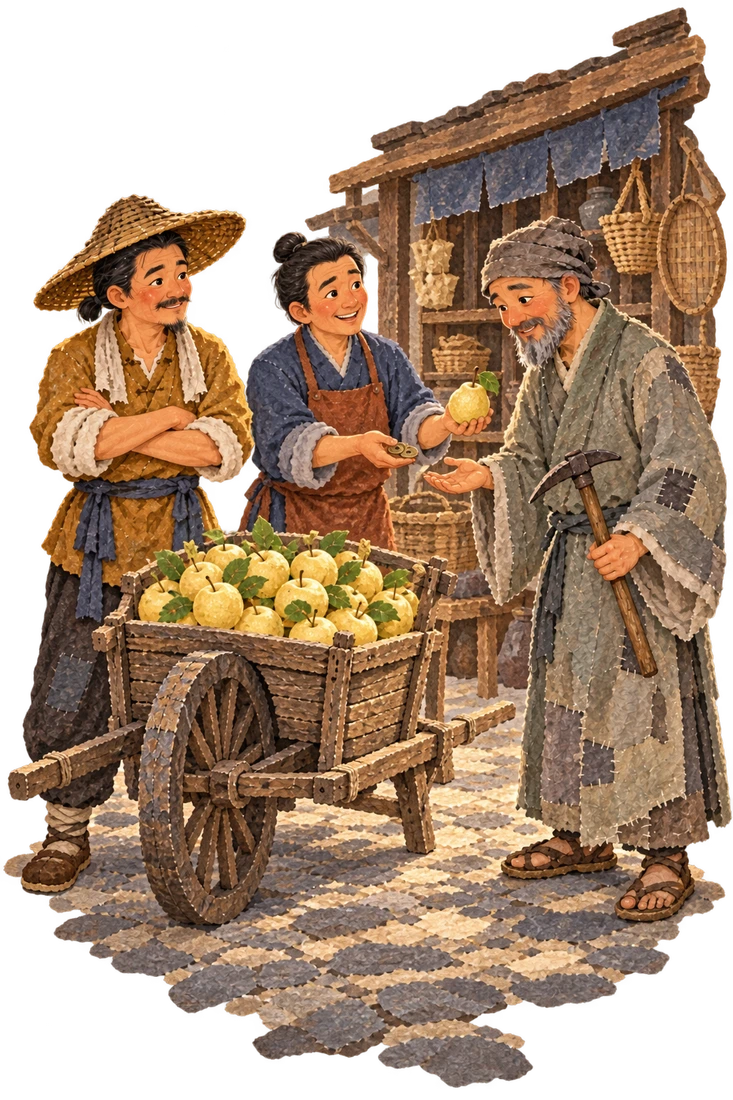 The farmer refuses the monk a pear as an artisan approaches from his nearby shop