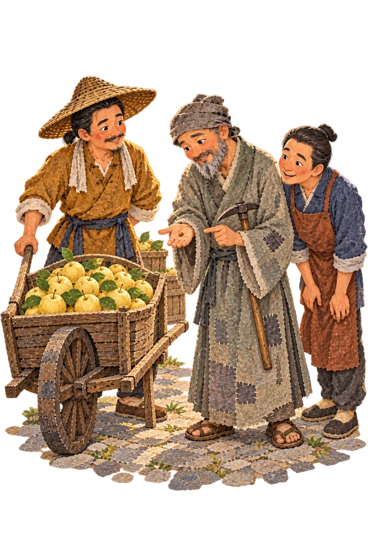 The monk eats the gifted pear and shows its seed to the curious market crowd