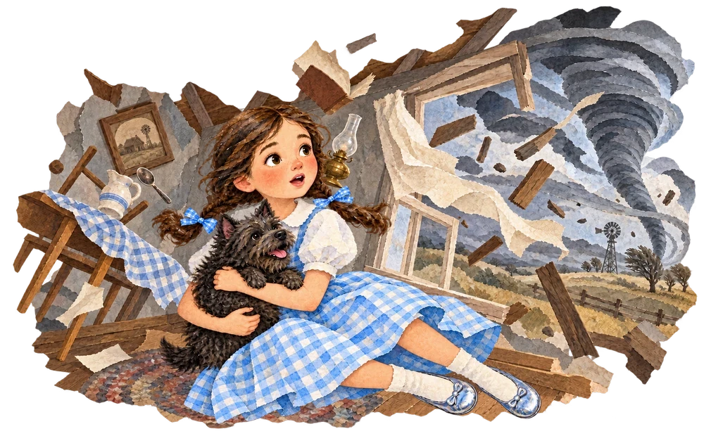 Dorothy and Toto shelter as a cyclone lifts their Kansas farmhouse