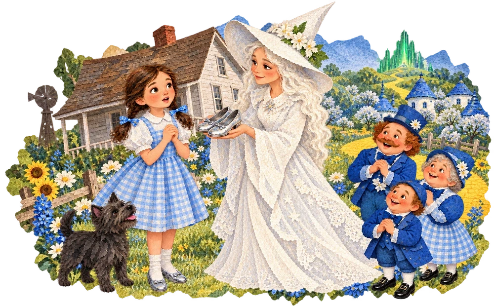 The Witch of the North greets Dorothy among the freed Munchkins