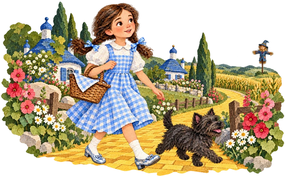 Dorothy and Toto begin walking along the yellow brick road