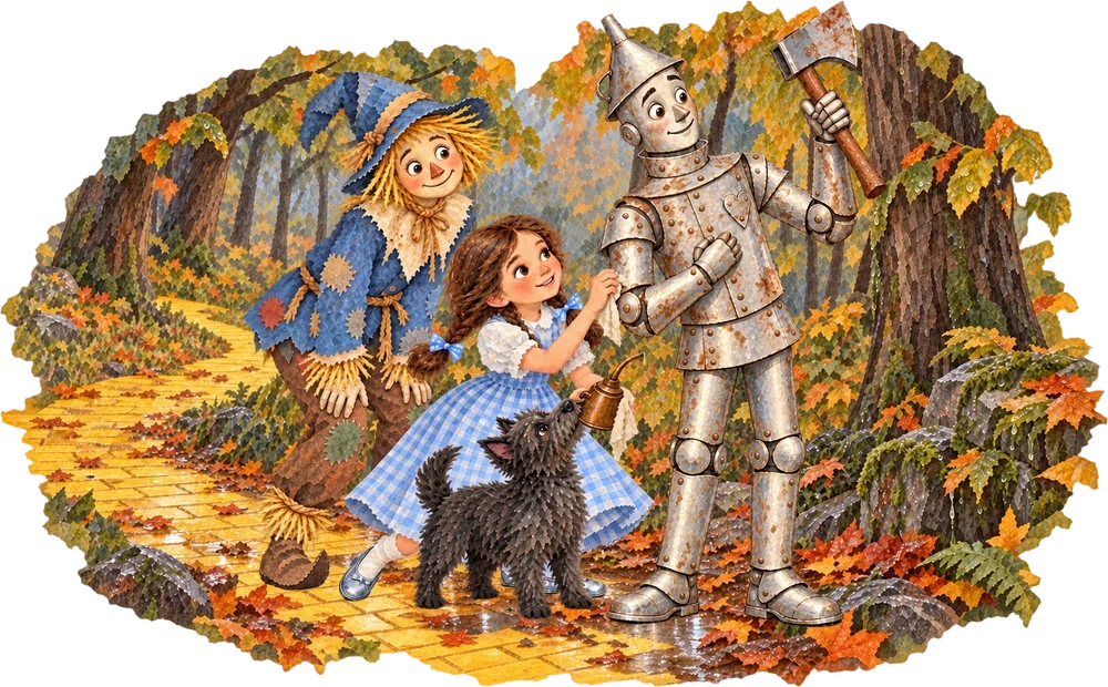 Dorothy and the Scarecrow free a rusted Tin Woodman